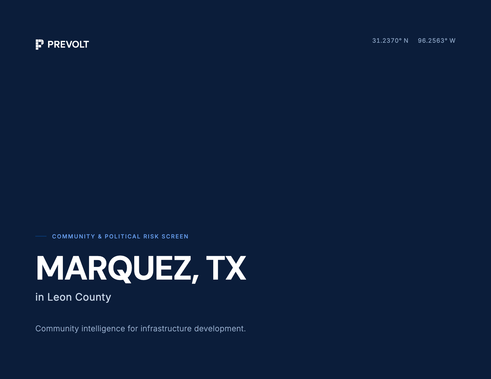 Prevolt community and political risk screen for Marquez, TX, in Leon County, with geographic coordinates.